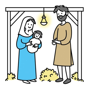 A depiction of "The Holy Family" standing together inside a stable. Mary, wearing a long blue robe, holds baby Jesus swaddled in white cloth. Joseph, dressed in a simple brown tunic, stands beside them, looking at them with a gentle smile. The stable is constructed of wooden beams and has hay scattered on the ground. The scene is illuminated by a warm glow coming from a small oil lamp hanging from the ceiling, casting soft shadows on their faces. All figures are smiling, reflecting a sense of warmth and contentment.