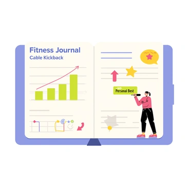 A fitness journal illustration featuring a light blue cover with the title "Fitness Journal" prominently displayed in bold letters. The journal is open to a page filled with colorful graphs and charts. One graph shows a series of green bars representing progress over time for "Cable Kickback" exercises. There are also colorful annotations and stickers, such as a yellow star sticker next to a personal best and a red arrow indicating improvement. A small illustration of a person performing a cable kickback is placed in the corner of the page, showcasing the exercise technique.