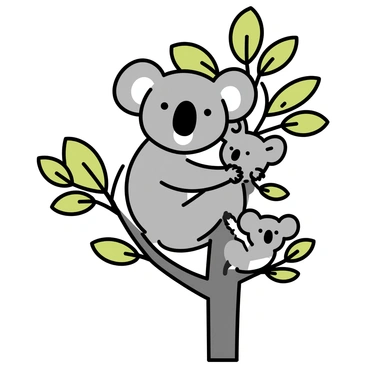 A family of koalas, consisting of three koalas, is hugging each other in a vibrant green eucalyptus tree. The largest koala, with grey fur and rounded ears, is standing on a sturdy branch, wrapping its arms around a smaller koala. The smaller koala, with lighter grey fur, is nestled closely, visibly enjoying the embrace. A third, even smaller koala is clinging onto the trunk of the tree, peeking around to join in the affectionate moment. The tree is filled with large green leaves, creating a dense and lively backdrop.