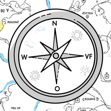 A circular compass with a shiny metal rim, where the needle is pointing to the right, indicating "north". The opposite end of the needle points downwards, labeled with "south" as "wrong". The compass is placed on a detailed map that displays various paths and symbols representing different life choices and experiences. The map features intricate lines and labels, emphasizing the complexity of life's journey.