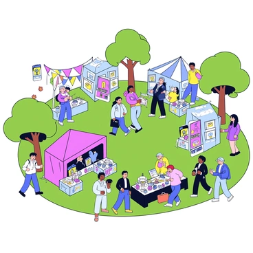A lively art fair taking place on a campus lawn, filled with colorful tents and booths. Each booth displays various student illustrations, prominently featuring bright and engaging artwork. Handmade crafts, such as pottery and jewelry, are beautifully arranged on tables, attracting attention. Students and visitors are walking around, some stopping to admire the creations, while others are chatting and enjoying the atmosphere. Trees surround the event, adding greenery to the scene. Bright banners flutter in the gentle breeze, adding to the festive vibe.