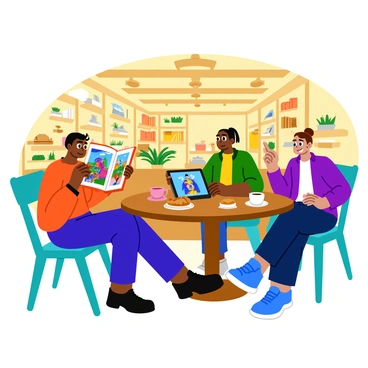 A group of three comic book illustrators sitting at a round wooden table in a cozy café in Newcastle. One illustrator is holding up a colorful sketchbook filled with vibrant illustrations, showcasing characters and scenes. The second illustrator is animatedly discussing their latest project, gesturing with a pencil in hand. The third illustrator is intently looking at a tablet displaying digital art. The café features warm lighting, wooden beams on the ceiling, and a backdrop of shelves filled with books and plants. There are coffee cups and pastries on the table, adding to the friendly atmosphere.
