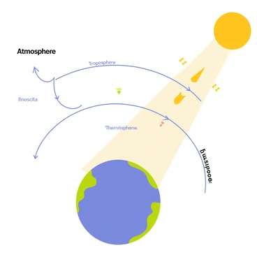 An illustration depicting the greenhouse effect with distinct layers of the atmosphere. The image features a large blue Earth at the bottom, surrounded by a transparent layer labeled "Atmosphere." Above the Earth, there are several horizontal layers of atmosphere, each marked with names such as "Troposphere," "Stratosphere," "Mesosphere," "Thermosphere," and "Exosphere." Arrows are included to show the movement of sunlight entering the atmosphere and bouncing back as heat. Greenhouse gases are represented by small colorful icons, with arrows indicating how they trap heat within the atmosphere. Sunlight is depicted as yellow rays coming from a bright sun in the upper corner of the image.