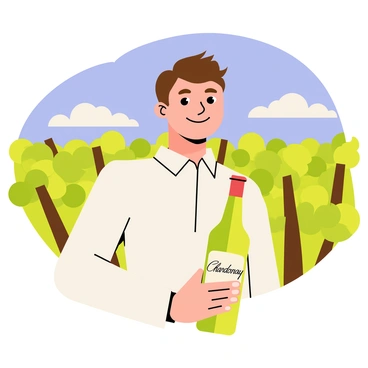 A smiling customer with brown hair and wearing a white shirt is holding a green bottle of wine. The bottle has a label with "Chardonnay" written in elegant font. The customer stands in front of a picturesque vineyard with rows of green grapevines stretching into the background. The sky is blue with a few fluffy white clouds above, and the sun casts a warm glow over the scene, enhancing the vibrant colors of the vineyard.