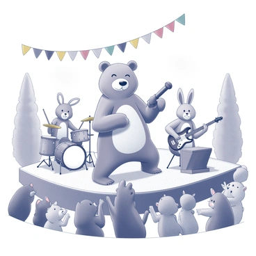 A bear standing upright on a stage, holding a microphone in one paw. Surrounding the bear are various animals forming a band, including a rabbit playing a guitar, a raccoon on drums, and a squirrel with a keyboard. The setting is an outdoor concert scene, with a crowd of excited animals gathered in front of the stage, some dancing and others clapping along. Trees can be seen in the background, and colorful banners are draped across the stage, adding to the festive atmosphere.
