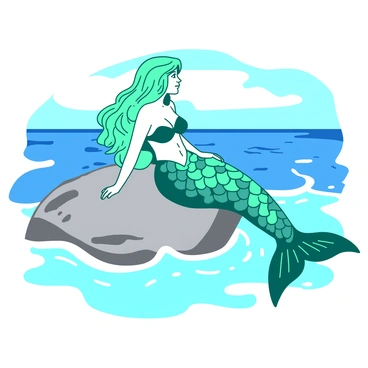 A teal mermaid with long flowing hair is lounging on a large gray rock by the ocean. The mermaid's shimmering sea-inspired dress is composed of various shades of blue and green scales, reflecting the sunlight. Waves gently lap against the rock, creating small splashes of water around her. In the background, the ocean stretches out, meeting the horizon under a bright blue sky. The scene captures the tranquil moment of the mermaid as she gazes towards the distant sea.