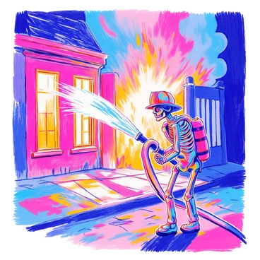 A skeleton heroically holding a fire hose in front of a burning building