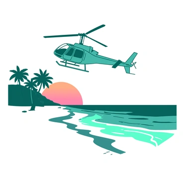 A teal helicopter is flying low over a white beach as the sun begins to rise on the horizon. The helicopter's blades are rotating swiftly, creating a slight disturbance in the air. Below, gentle waves lap against the shore, reflecting the soft light of the sunrise. Silhouettes of palm trees line the beach, swaying gently in the morning breeze. The sky is transitioning into shades of orange and pink as the sun peeks above the water.