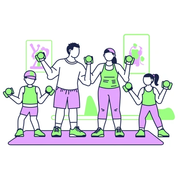 A family is exercising together in a bright, open space. In the center, a father and mother are both performing hammer curls with green dumbbells. The father has short hair and is wearing a light-colored tank top and shorts, while the mother is dressed in a fitted workout top and leggings. On either side of them, two children are mimicking their movements, one is a boy with a baseball cap, and the other is a girl with pigtails. Each child holds smaller green dumbbells and mirrors their parents’ form. The background features exercise mats and a fitness poster on the wall, adding to the lively atmosphere of their family workout.