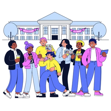 A group of former students gathered on the campus of BCU, standing together and smiling in a sunny outdoor setting. People of diverse backgrounds are engaging in conversation, sharing laughs and memories. Some individuals are holding refreshments, while others are sharing photographs from their time at school. The campus features recognizable buildings in the background, decorated with banners that read "Welcome Alumni." A few students are taking selfies to capture the moment.