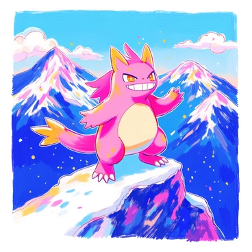 A "Gengar" is standing triumphantly on a snowy mountain peak, its mischievous grin wide and eyes gleaming with excitement. The "snow" beneath its feet is sparkling in the sunlight, reflecting shades of blue and white. In the background, jagged mountain ranges rise sharply against a clear blue sky, with fluffy white clouds dotting the horizon. The scene captures a sense of adventure and victory, with "Gengar" exuding an aura of confidence at the height of its snowy domain.