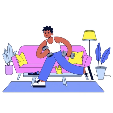 A person is performing the dumbbell bent over row exercise in a cozy living room. The individual has a focused expression while holding a dumbbell in one hand, with their torso bent forward at a slight angle. The living room features a soft carpet and a comfortable sofa in the background. There are a couple of indoor plants in the corners, and a warm lamp provides gentle lighting. A coffee table with a few fitness accessories lays nearby, enhancing the workout atmosphere.