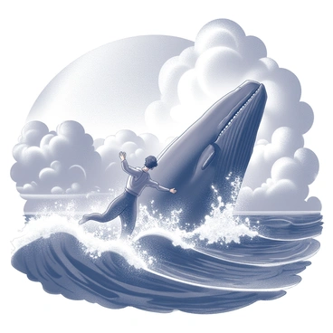 A tumultuous sea with towering waves crashing against each other. In the center, a gigantic whale breaches the surface, its massive body partially out of the water. The whale's mouth is open wide, and Jonah is being drawn towards it, arms outstretched in a desperate manner. The sky above is filled with dark, swirling clouds, adding to the chaotic atmosphere of the scene. The water is churning around Jonah and the whale, creating splashes and foam that enhance the sense of turbulence in the environment.