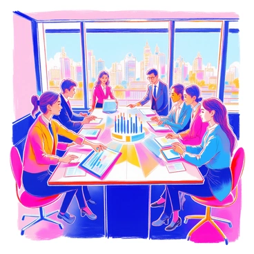 A group of business professionals is gathered around a sleek conference table. They are dressed in formal attire, including suits and blouses. Holographic displays project from the table, showcasing various data graphs and three-dimensional presentations. Some of the professionals are interacting with the holograms, pointing at the projections, while others are taking notes on digital tablets. The room is modern with large windows showing a cityscape in the background, and the lighting is bright and focused on the table area.