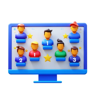 A virtual ranking system featuring multiple player avatars in dynamic competitive poses. Each avatar is designed with distinct features and colors, representing various characters. The avatars are positioned on a digital leaderboard, showcasing their ranks prominently. The background is a sleek interface that highlights the rankings in an organized manner. Bright accents and visual indicators emphasize the competitive atmosphere.