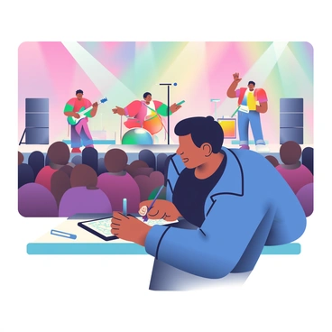 An artist with medium skin and short black hair is positioned in the foreground, intently focused on creating quick sketches on a tablet. The artist is wearing a black t-shirt and denim jacket. In the background, there is a vibrant stage illuminated with colorful lights, where a band is performing. The crowd is visible, with hands raised and people enjoying the music. Various instruments like guitars and drums can be seen on stage, along with a lead singer engaging with the audience. The atmosphere is dynamic, showcasing the energy of the live concert.