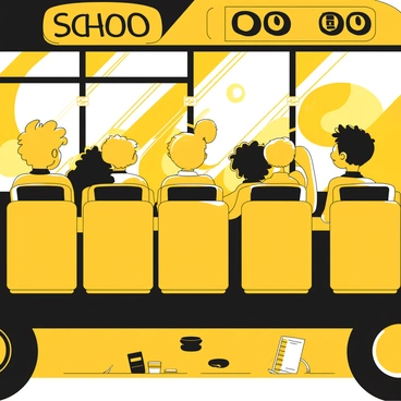 A group of children sitting quietly on a school bus, gazing out of the windows. Each child has a different hairstyle and clothing, showcasing a variety of colors. The sunlight is streaming through the bus windows, casting a warm glow on their faces. Outside the bus, a vibrant sunrise is visible, filling the sky with shades of yellow and black. The bus interior is filled with empty seats, and a few school supplies are scattered on the floor.