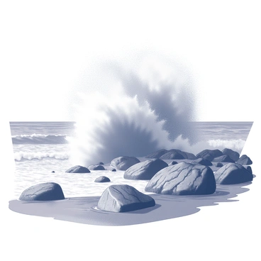 A large tidal wave is towering above the rocky shoreline. The wave is breaking violently, sending white foam and spray into the air as it crashes down. The rocks are jagged and uneven, with some larger boulders partially submerged in the water. The force of the wave creates a dramatic contrast against the solid, sturdy rock formations. In the background, the horizon is visible, where the ocean meets the sky. The scene captures the intensity and power of the natural elements at play.