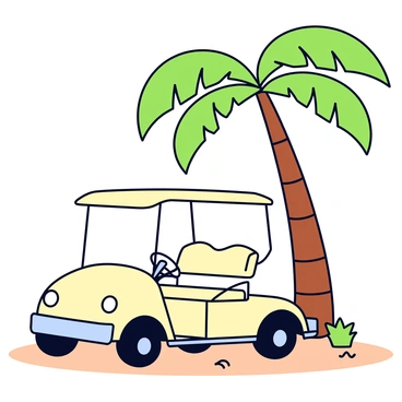 A vintage-styled golf cart with a glossy cream color and chrome accents. The cart features a classic design with rounded edges, a spacious seating area, and a small canopy overhead. It is parked under a tall palm tree with a thick trunk, and vibrant green fronds provide a cool shade over the cart. The ground is scattered with small patches of grass and light brown soil beneath the tree.