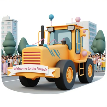 A large yellow bulldozer, decorated with colorful streamers and balloons, is parked on a street during a festive parade. The bulldozer features bright red and blue designs painted on its exterior, adding to the celebratory atmosphere. A banner, reading "Welcome to the Parade," is affixed to the front of the bulldozer. Spectators in festive attire can be seen in the background, smiling and waving as they enjoy the event. Tall buildings and trees line the street, contributing to the lively scene.
