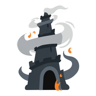 A spiraling tower made of dark stone rises into the sky. The tower features jagged edges and intricate carvings along its surface. Surrounding the tower is a swirling mass of smoke that curls and twists, blending shades of gray and black. Small, glowing embers float around the tower, casting a warm orange light that contrasts with the darkness of the stone. The scene captures an atmosphere of mystery and intensity, emphasizing the striking details of the tower and the dynamic movement of the smoke and embers.