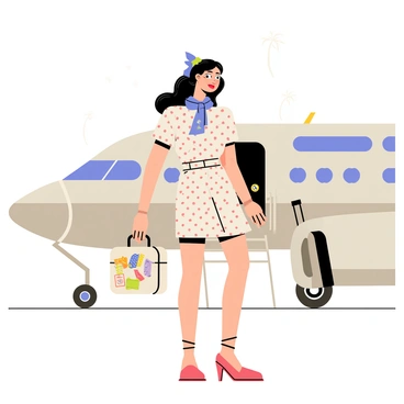 A pin-up girl with red lipstick and a polka dot dress stands at an airport boarding a silver airplane. Her long hair is styled in vintage waves, and a bright blue scarf is blowing in the wind. She holds a small suitcase with colorful travel stickers attached to it. The airport terminal is bustling with travelers and luggage carts in the background. Bright sunlight shines down, illuminating her confident smile as she prepares to step onto the plane.