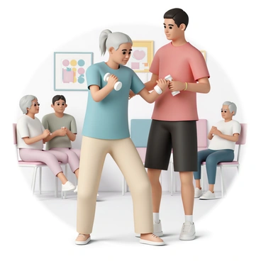 An elderly person, wearing a light blue t-shirt and comfortable beige pants, is performing gentle lateral raises with small weights in each hand. They have silver hair pulled back into a neat ponytail. A fitness instructor, dressed in a bright red shirt and black shorts, stands beside them, offering encouragement and ensuring proper form. The setting is a community center with soft lighting and colorful posters on the walls promoting wellness and fitness. Other participants, seated in the background, are watching and engaged in their own activities.