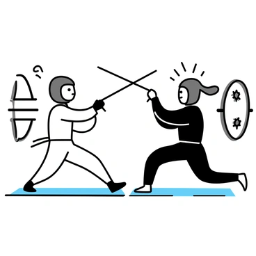 Two fencers are engaged in a duel, their swords clashing in mid-air. One fencer, dressed in a white uniform and a protective mask, is lunging forward with a focused expression. The other fencer, wearing a black uniform, is parrying the attack with determination. Around them, the training hall features wooden floors and mirrors reflecting their movements. The atmosphere is tense, highlighting the intensity of the duel.