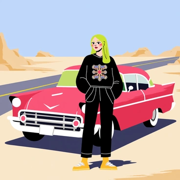 Billie Eilish with bright green hair is leaning against a vintage car parked on a deserted road. She is wearing a loose-fitting oversized black outfit with graphic designs. The vintage car is a classic model with a shiny red exterior and chrome details. The road stretches out into the distance, flanked by dry, barren landscapes under a clear blue sky. Sunlight casts shadows on the ground, highlighting the textures of the car and the surroundings.