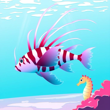 A vibrant lionfish with long, flowing fins and striking red and white stripes gliding gracefully through clear blue water. Its elongated spines are fanned out, showcasing the intricate patterns of its body. Nearby, a tiny seahorse with a bright yellow and orange hue clings to a piece of coral, its curved body creating a delicate contrast to the lionfish's bold presence. Sunlight filters through the water, creating shimmering patterns on the sandy ocean floor below.