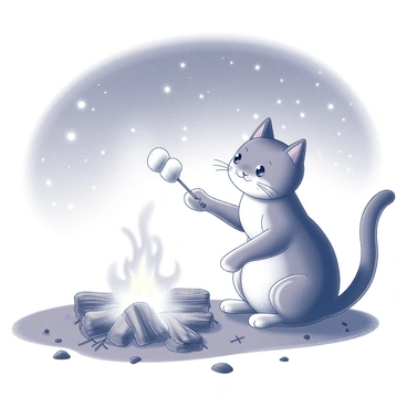 A cat sitting beside a campfire. The cat has a fluffy tail and bright eyes, gazing intently at the flames. Sticks with marshmallows are being held over the fire. The campfire emits a warm glow, illuminating the surrounding area. In the background, a sky filled with countless stars creates a serene atmosphere. The ground is dotted with small rocks and scattered twigs, adding to the natural setting of the campsite.