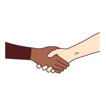 A left hand with a warm brown tone from the continent of Africa is reaching out, its fingers slightly curved in a welcoming gesture. The right hand, with a light cream tone representing the continent of Europe, is extending towards the left hand. The two hands meet in the center of the image, engaged in a handshake. The background is soft, creating a sense of unity and connection between the two different cultures that the hands represent.