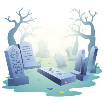 A foggy graveyard with ancient tombstones and twisted trees