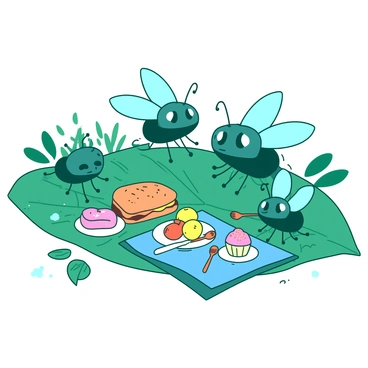 A teal family of cartoon flies is gathered on a large green leaf, having a picnic. The flies are depicted with cheerful facial expressions and oversized eyes. Surrounding them is a colorful spread of food, including an orange sandwich, yellow fruit, and a pink dessert. Some flies are holding tiny utensils while others are sitting on a small blue blanket laid out on the leaf. In the background, there are hints of foliage, adding to the lively picnic atmosphere.