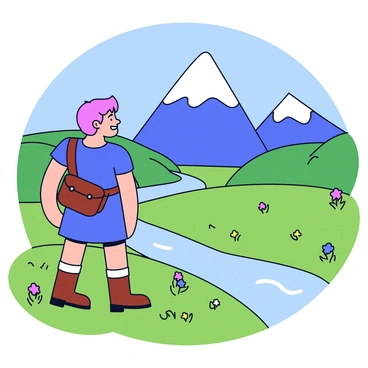 A hero dressed in a simple tunic and sturdy boots stands at the edge of a lush green valley. The hero carries a brown leather satchel slung over one shoulder. Majestic mountains rise in the background, their peaks dusted with snow, under a bright blue sky. A winding river flows through the valley, glistening in the sunlight. The hero gazes forward, determination evident in their posture, ready to embark on an adventure. Wildflowers dot the landscape, adding splashes of color to the scene.