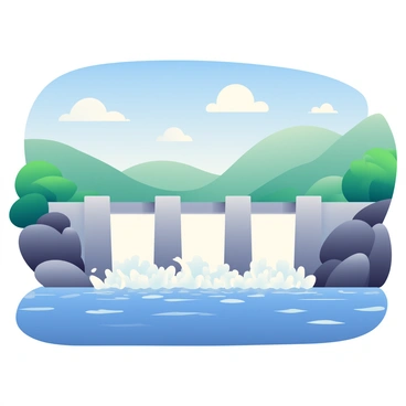 A large dam made of gray concrete spans across a wide river. The structure features multiple large gates, and water is rushing through these gates with considerable force, creating white frothy waves at the base. The river is a deep blue, reflecting the clear sky above. On either side of the dam, there are green trees and rocky banks, adding contrast to the scene. In the background, rolling hills can be seen beneath a bright blue sky dotted with fluffy white clouds.