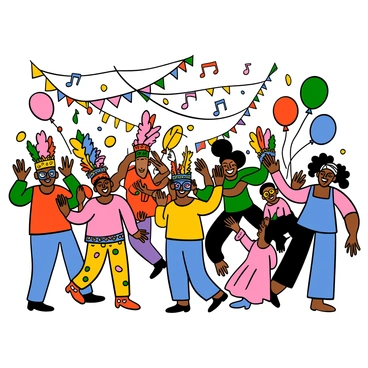 A vibrant festival scene filled with people celebrating joyfully. Characters of diverse ethnicities are dressed in colorful costumes, including bright feathers, sequins, and flowing fabrics. Some are wearing masks adorned with intricate designs, while others have face paint in lively hues. Decorations such as balloons, streamers, and banners in a variety of colors fill the surroundings. Lively music notes appear as if they are floating in the air, symbolizing the festive atmosphere. The expressions of the characters show excitement and happiness as they dance and interact with each other amidst the vibrant decor.