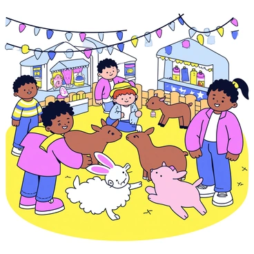 A small petting zoo set up at a night market. Several children are interacting with cute animals, including a fluffy white bunny, a small brown goat, and a playful piglet. The children are smiling and gently petting the animals. Colorful string lights illuminate the area, creating a warm atmosphere. The ground is covered with hay, and there are wooden fences surrounding the petting zoo. In the background, vendors are selling various snacks and bright decorations.