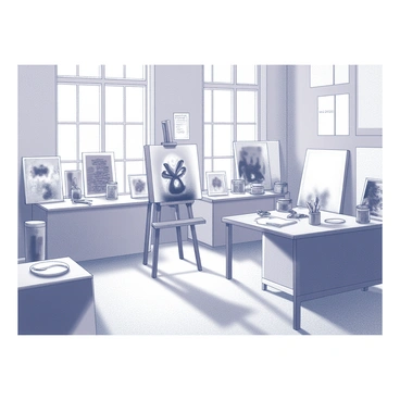 A spacious artist's studio filled with various materials scattered across the floor and tables. There are multiple unfinished canvases propped against the walls and stacked in corners. Brushes of different sizes are placed in jars, while tubes of paint are open and lying around. The walls are adorned with sketches and notes pinned up for inspiration. A wooden easel stands in the center, supporting a partially completed painting that features bold strokes and intricate details. Natural light floods in through large windows, illuminating the scene.