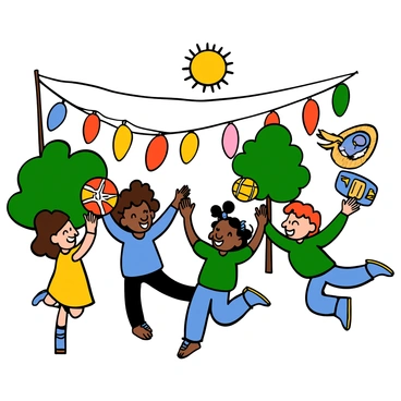 A group of children playing happily in a bright, colorful park. There are two boys and two girls, all with big eyes and big smiles. They are surrounded by vibrant balloon decorations shaped like band-aids, strung up between the trees. One girl with light skin and brown hair is wearing a yellow dress and is holding up a large band-aid decoration. Another boy with dark skin and curly hair is wearing a blue t-shirt and is laughing as he tosses a soft ball decorated like a band-aid. The third child, a girl with medium skin and braids, is wearing a green shirt and showing a band-aid sticker to her friend. The last boy, with light skin and red hair, is jumping up excitedly. The sun is shining brightly, adding to the joyful atmosphere.