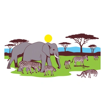 A yellow sun is setting over the African savanna, casting a warm glow across the landscape. In the foreground, a group of large grey elephants is walking together, their trunks swinging gently as they move. Nearby, a herd of black and white striped zebras grazes on the green grass. The elephants and zebras are peacefully coexisting, with a few young zebras playfully darting around the legs of the elephants. In the background, acacia trees dot the horizon under a vast blue sky, completing the vibrant safari scene.