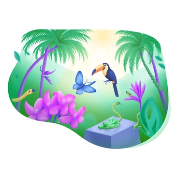 A vibrant slice of rainforest filled with diverse plant species, including large leafy ferns, towering palm trees, and colorful flowering plants. In the foreground, a bright blue butterfly flutters above a cluster of vivid red flowers. A small green frog perches on a mossy rock, while a snake winds its way through the underbrush. Exotic birds with striking feathers, such as a yellow and black toucan, can be seen perched on branches. Sunlight filters through the dense canopy above, illuminating the rich greens and vibrant colors of the scene.