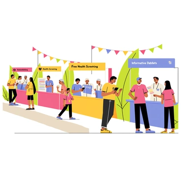 A vibrant community health fair takes place in a spacious outdoor area. Colorful booths line the path, each with distinct signage displaying various health services offered. One booth features "Free Health Screenings," staffed by friendly volunteers in matching t-shirts, assisting attendees. Another booth showcases "Informative Pamphlets," featuring a display of brochures on healthy living. People of diverse backgrounds interact, some receiving screenings while others browse pamphlets. Bright banners flutter in the gentle breeze above the booths, adding to the lively atmosphere. Families, seniors, and children are present, creating a sense of community and engagement.