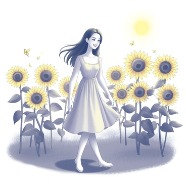 A young woman with long brown hair is walking through a field filled with tall sunflowers, their large yellow petals facing the sun. She is wearing a light summer dress that flows gently with her movement. The sun is shining brightly, casting soft shadows across the ground. She has a bright smile on her face, radiating happiness as she enjoys the warm day. The sunflowers are swaying slightly in the breeze, and a few butterflies can be seen fluttering around her.