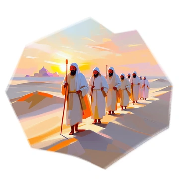 A group of pilgrims dressed in flowing robes and shawls walks together through a vast desert landscape. The sand dunes are gently illuminated by the warm hues of the sunrise, casting long shadows behind the travelers. Each pilgrim carries a staff and appears focused on their journey, with expressions of determination and reverence. In the distance, the outline of a holy site is faintly visible, hinting at its significance. The sky is painted with soft colors of orange, pink, and gold, creating a serene atmosphere as the sun begins to rise over the horizon.