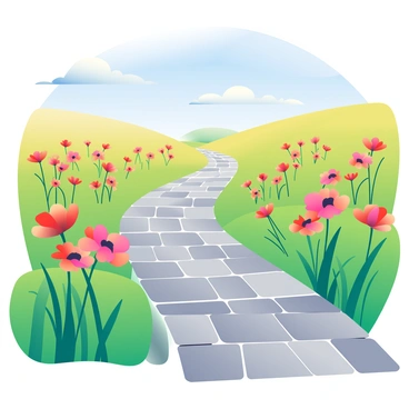 A winding path made of gray cobblestones stretches through a vibrant field filled with wild "coquelicot" flowers in full bloom. The flowers, with their bright red petals and dark centers, create a stunning contrast against the lush green grass surrounding them. Alongside the path, tall green blades of grass sway gently in the breeze. In the distance, a clear blue sky is visible, dotted with a few fluffy white clouds. Sunlight bathes the scene, illuminating the colors of the flowers and enhancing the beauty of the landscape.