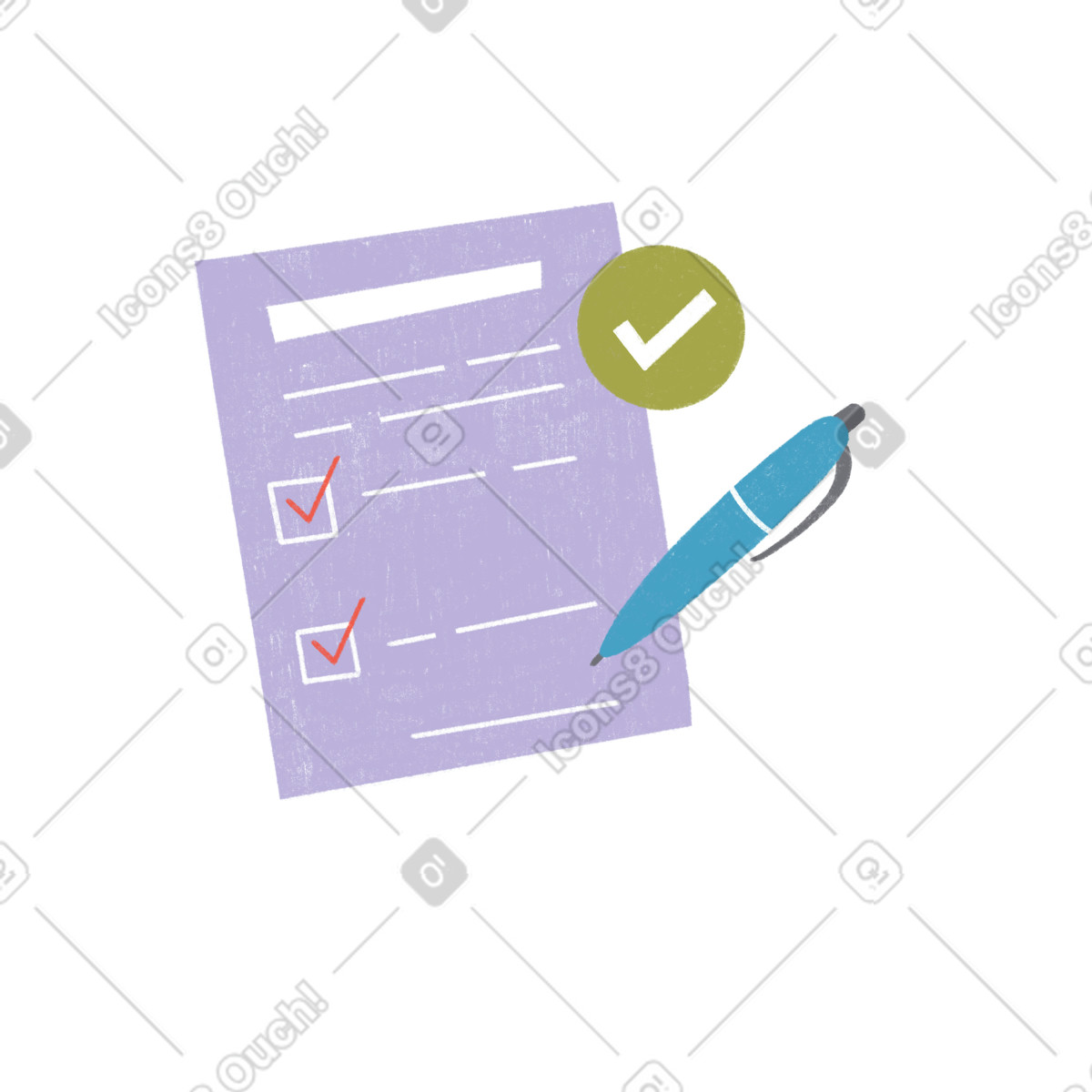 Document with checkmarks and pen, Contract approval or signing process illustration in Tutti style download in PNG, SVG
