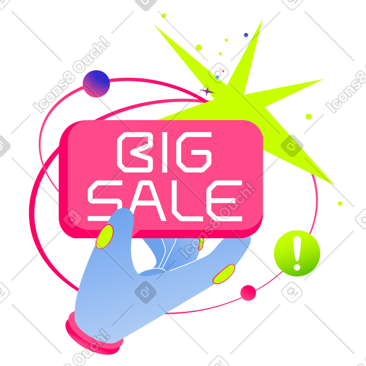 Illustration Main tenant un texte de grande vente dans le style Space à télécharger aux formats PNG, SVG