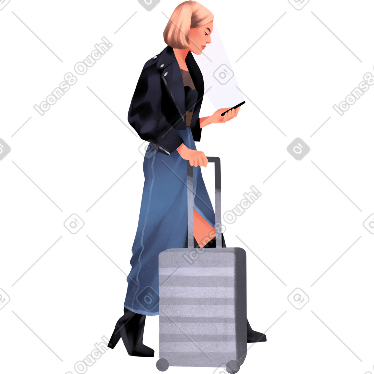 Illustration Une fille avec valise va quelque part en regardant son téléphone dans le style Demure à télécharger aux formats PNG, SVG