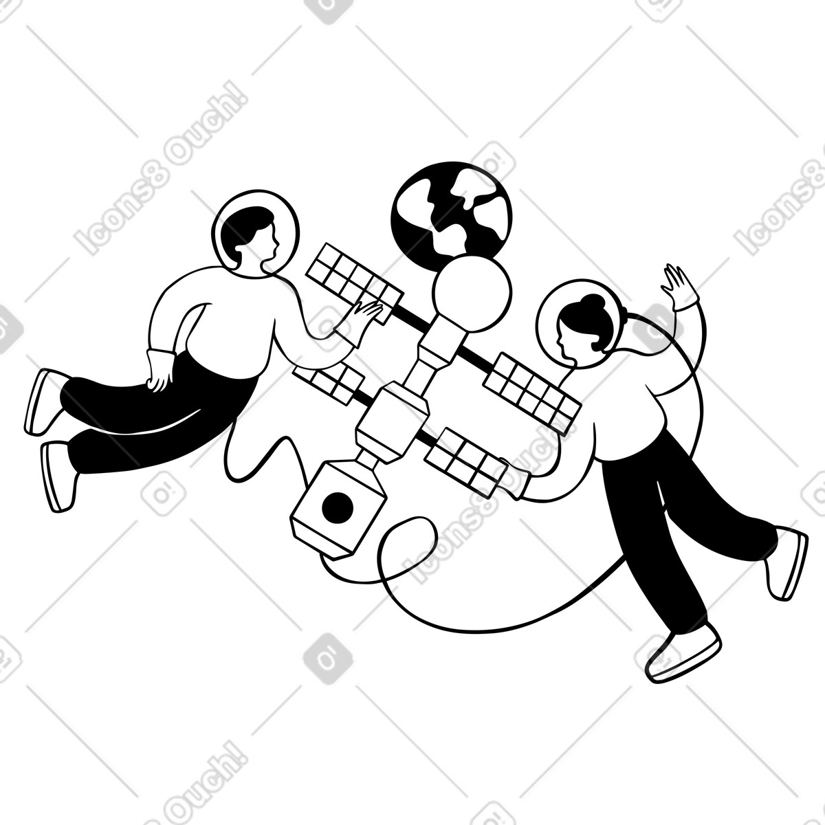 Illustration Des astronautes hommes et femmes collaborent dans l'espace le style Journal à télécharger aux formats PNG, SVG